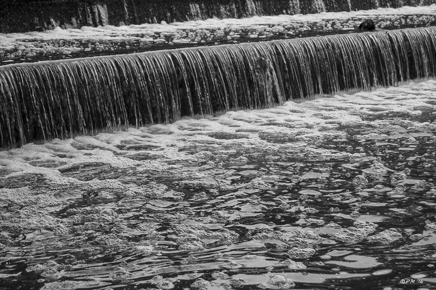 Water flowing over Weir with bubbles in foreground Barkham Mills East Sussex, Monochrome Landscape, P.Maton 27/08/2014 eyeteeth.net